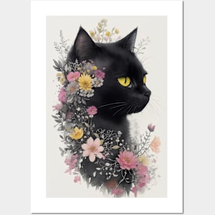 Black cat with flowers Posters and Art